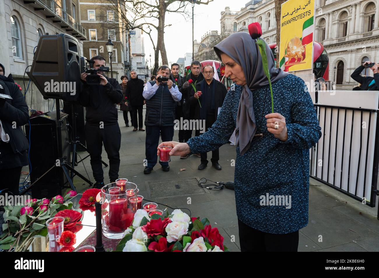 Iranians and supporters of the National Council of Resistance of Iran (NCRI) gather outside Downing Street on 10 January, 2020 in London, England, to hold a vigil for the victims of the Ukrainian airliner which crashed shortly after take off from Imam Khomeini International airport on Wednesday. The crash of Ukraine International Airlines flight PS752 with 176 people on board came a few hours after Iran carried out missile strikes on two US airbases in Iraq. (Photo by WIktor Szymanowicz/NurPhoto) Stock Photo