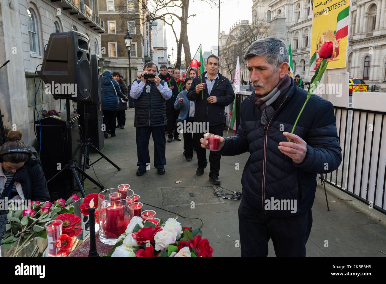 Iranians and supporters of the National Council of Resistance of Iran (NCRI) gather outside Downing Street on 10 January, 2020 in London, England, to hold a vigil for the victims of the Ukrainian airliner which crashed shortly after take off from Imam Khomeini International airport on Wednesday. The crash of Ukraine International Airlines flight PS752 with 176 people on board came a few hours after Iran carried out missile strikes on two US airbases in Iraq. (Photo by WIktor Szymanowicz/NurPhoto) Stock Photo