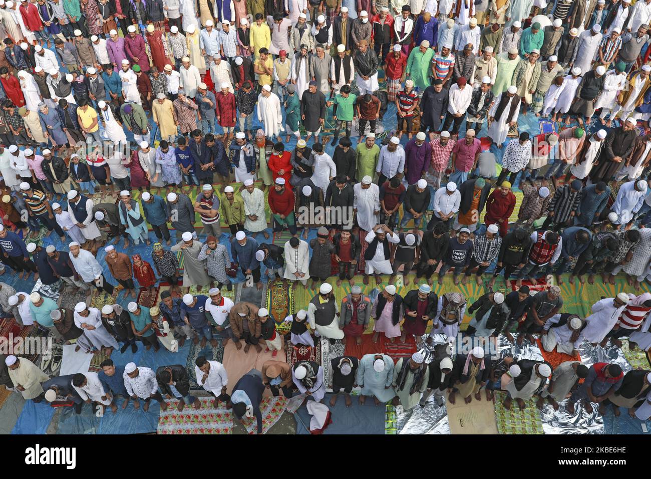 Thousands of Muslims from around the world performs Friday prayer on a street during Bishwa Ijtema, which is considered the world’s second-largest muslim gathering after haj in Tongi, outskirt of Dhaka on january 10, 2020. (Photo by Kazi Salahuddin Razu/NurPhoto) Stock Photo