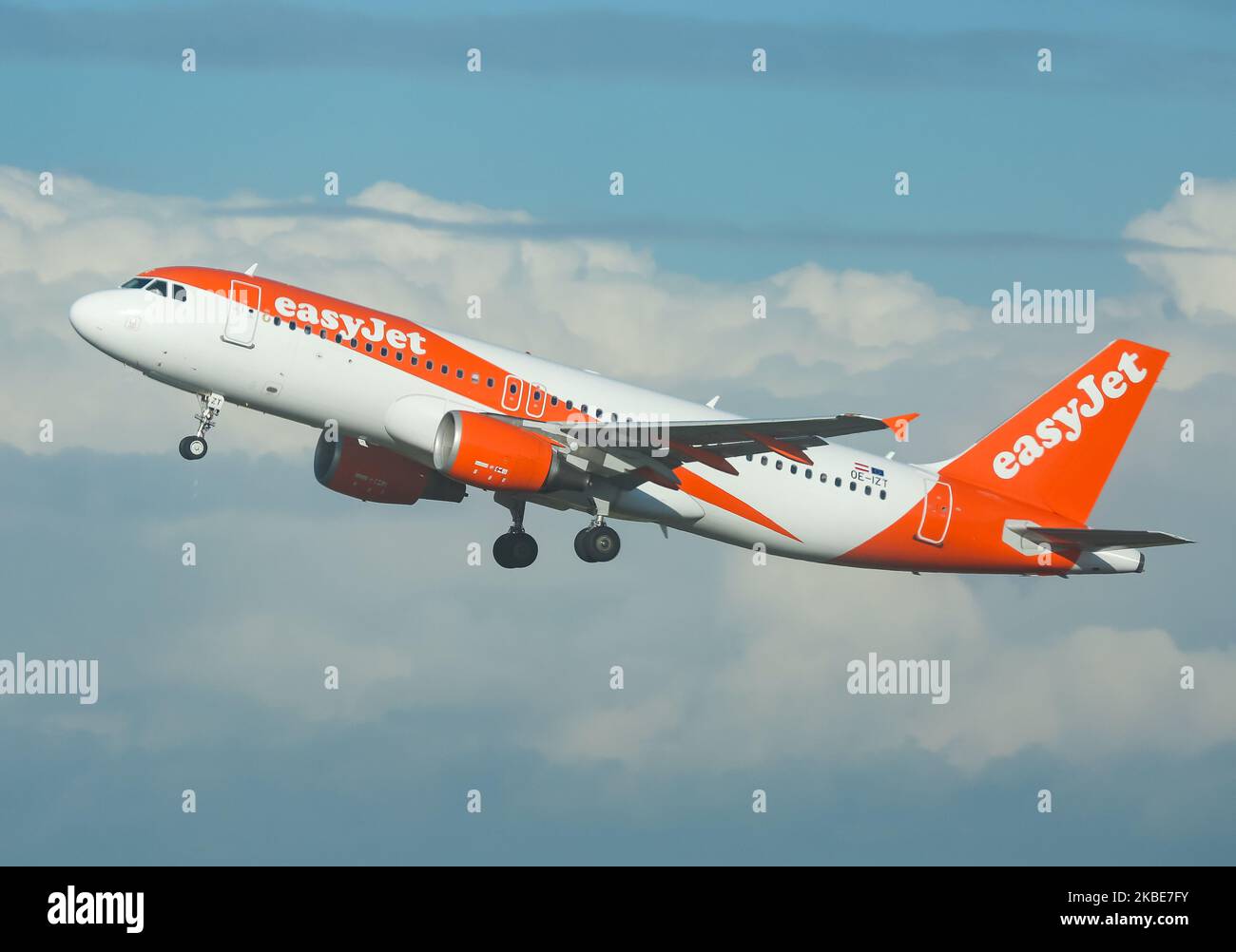 An EasyJet Europe Airline Airbus A320-200 narrow body commercial airplane as seen on rotation and take off from Brussels Internation Airport Zaventem BRU EBBR during a blue sky day on 11 January 2020in Brussels, Belgium. The aircraft has the registration OE-IZT with 2x CMFI jet engines. EasyJet Europe is an Austrian low-cost airline based in Vienna Austria subsidiary of the British low cost budget airline Easy Jet. The carrier connects the Belgian capital to Basel Mulhouse, Geneva, Berlin Tegel, Bordeaux and Nice. (Photo by Nicolas Economou/NurPhoto) Stock Photo