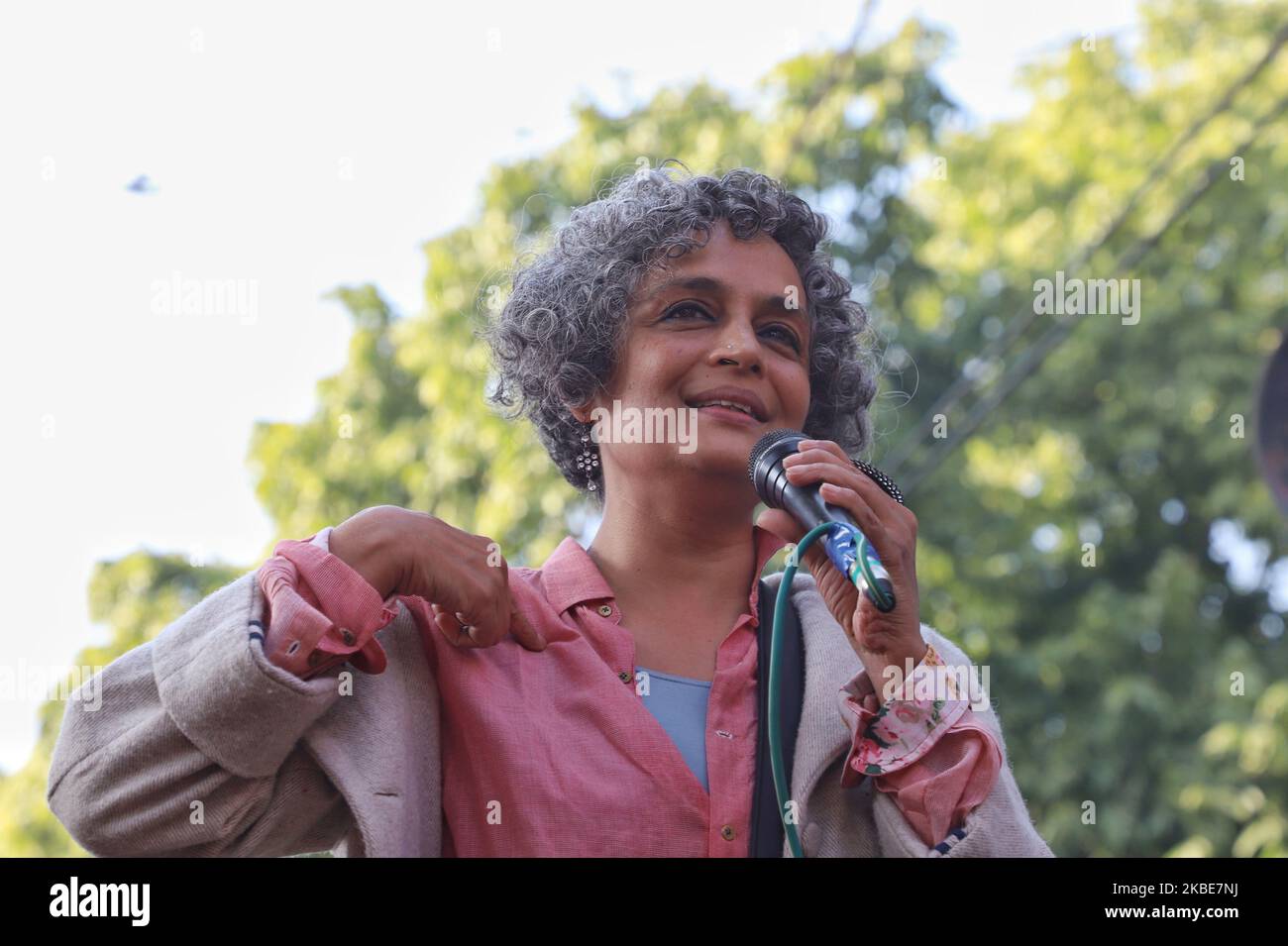 Noted Author and Activist Of India Arundhati Roy reaches Jamia to show solidarity with Students and participated in Anti CAA Protests in New Delhi India on 11 January 2020 (Photo by Nasir Kachroo/NurPhoto) Stock Photo