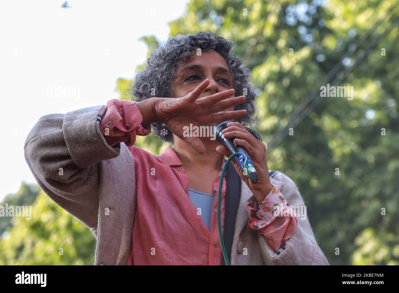 Noted Author and Activist Of India Arundhati Roy reaches Jamia to show solidarity with Students and participated in Anti CAA Protests in New Delhi India on 11 January 2020 (Photo by Nasir Kachroo/NurPhoto) Stock Photo