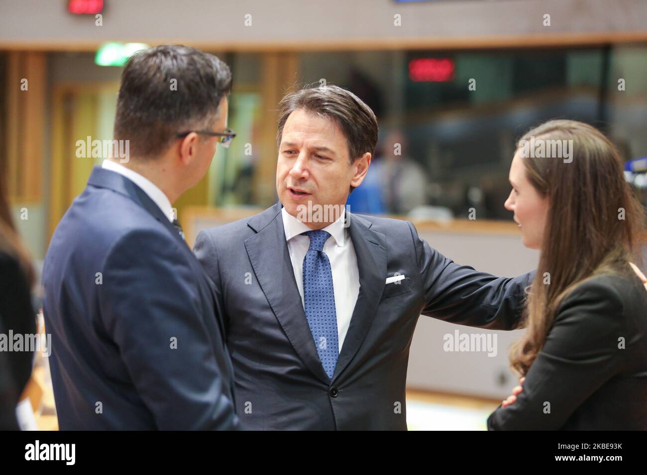 PM of Italy Giuseppe Conte talks to Sanna Marin. Prime Minister of Finland Sanna Mirella Marin on the round table room during the second of the European Council - EURO summit - EU leaders meeting, at the headquarters of European Union on December 13, 2019 in Brussels, Belgium. (Photo by Nicolas Economou/NurPhoto) Stock Photo