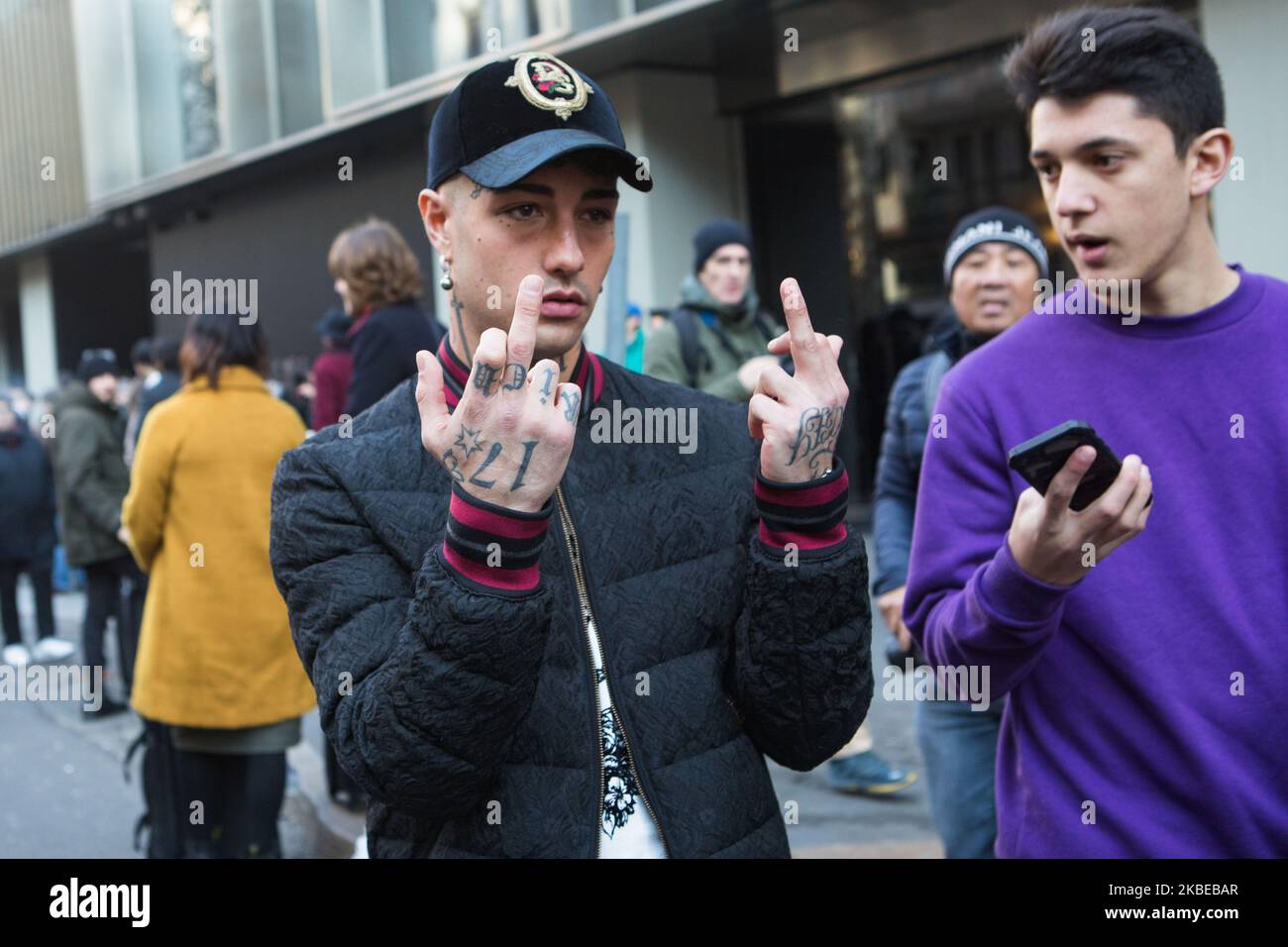 Tony Effe from Dark Polo Gang arrivals at Dolce e Gabbana fashion show during the Milan Fashion Week 2020 in Milan, Italy, on January 11 2020 (Photo by Mairo Cinquetti/NurPhoto) Stock Photo