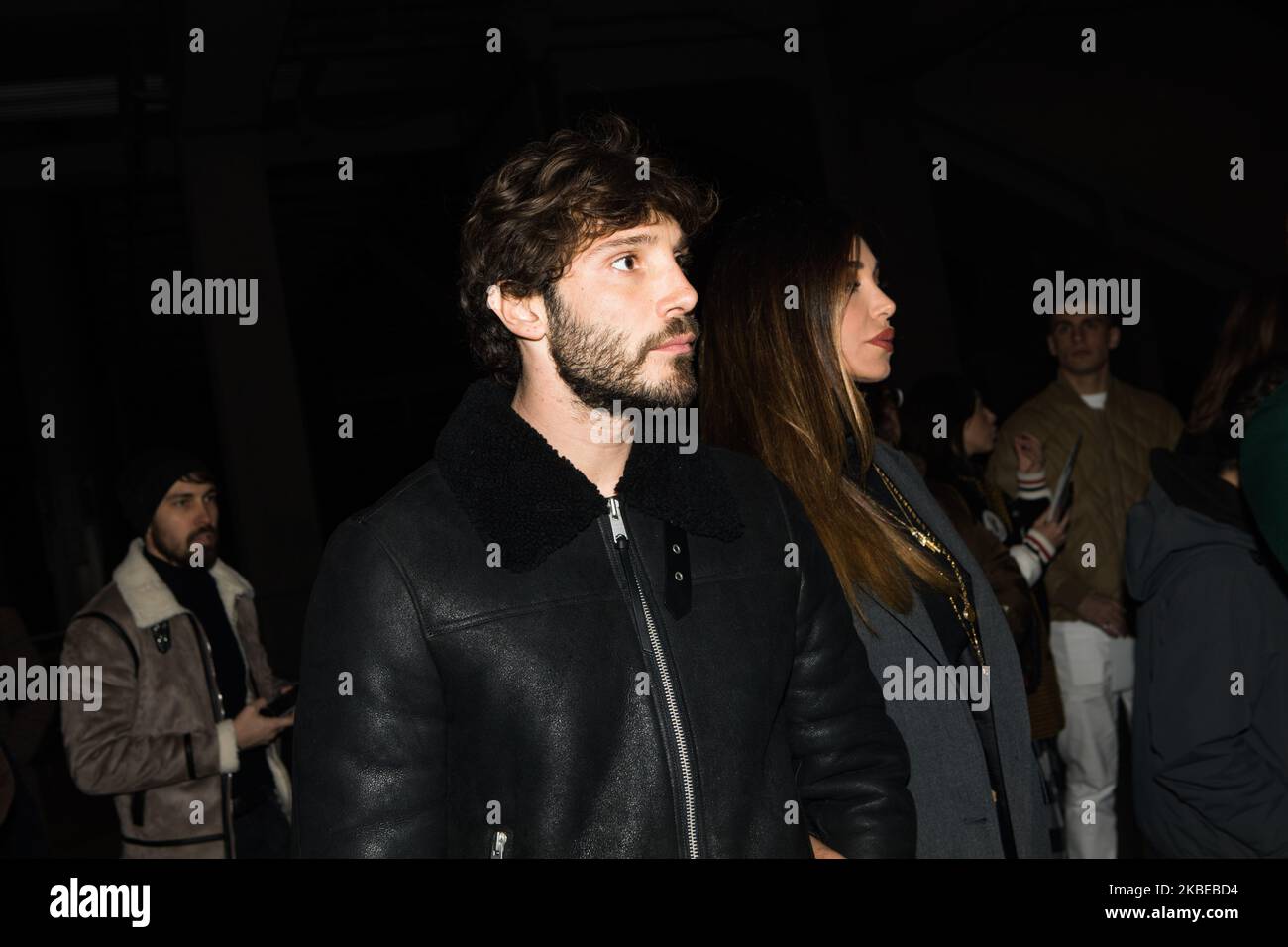 Stefano De Martino (L) and Belen Rodriguez (R) arrivals at Marcelo Burlon County of Milan fashion show during the Milan Fashion Week 2020 in Milan, Italy, on January 11 2020 (Photo by Mairo Cinquetti/NurPhoto) Stock Photo