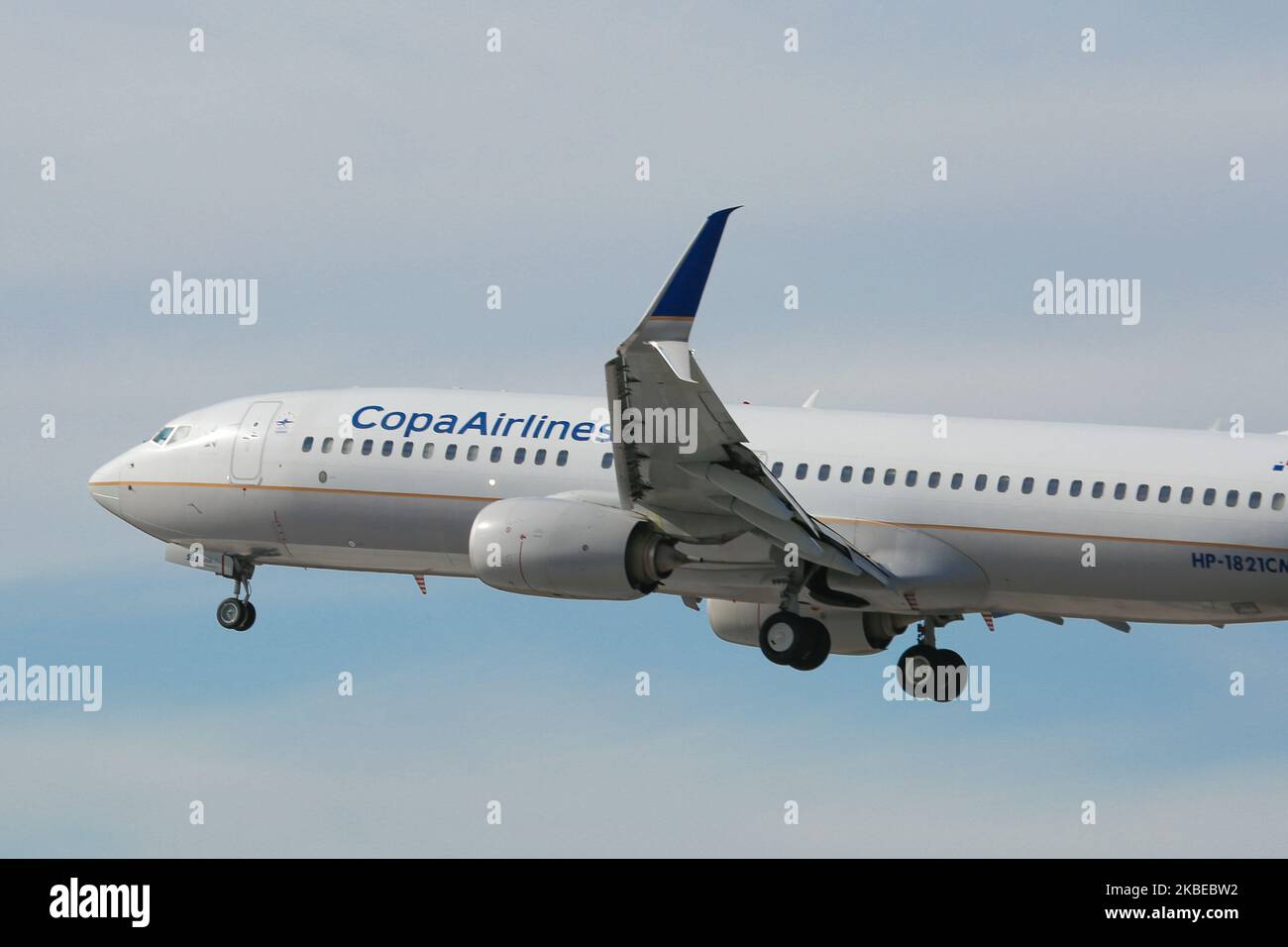 Copa Airlines Boeing 737-800, a 737NG variant, specifically 737-8V3(WL) aircraft as seen on final approach with landing gear extended, landing at New York John F. Kennedy JFK International Airport. The airplane has the registration HP-1821CMP and 2x CFMI jet engines. CopaAirlines CM CMP, Compañía Panameña de Aviación in Spanish, is the flag carrier of Panama, based with a hub at Tocumen Int. Airport PTY MPTO in Panama City, The airline is a member of Star Alliance aviation alliance. NYC, USA - November 14, 2019 (Photo by Nicolas Economou/NurPhoto) Stock Photo