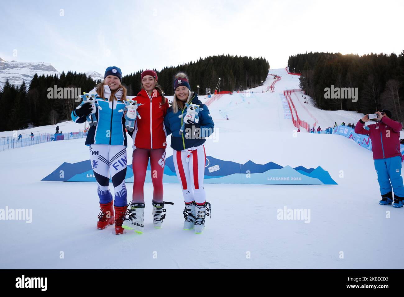 (from lest) Rosa POHJOLAINEN from Finland (second place), Amerie KLOPFENSTEIN from Switzerland (first place) and Amanda SALZGEBER from Austria (third place) on a podium during a mascot ceremony after Woman's Giant Slalom during Winter Youth Olympic Games Lausanne 2020 in Les Diablerets, Switzerland on January 12, 2020. (Photo by Dominika Zarzycka/NurPhoto) Stock Photo
