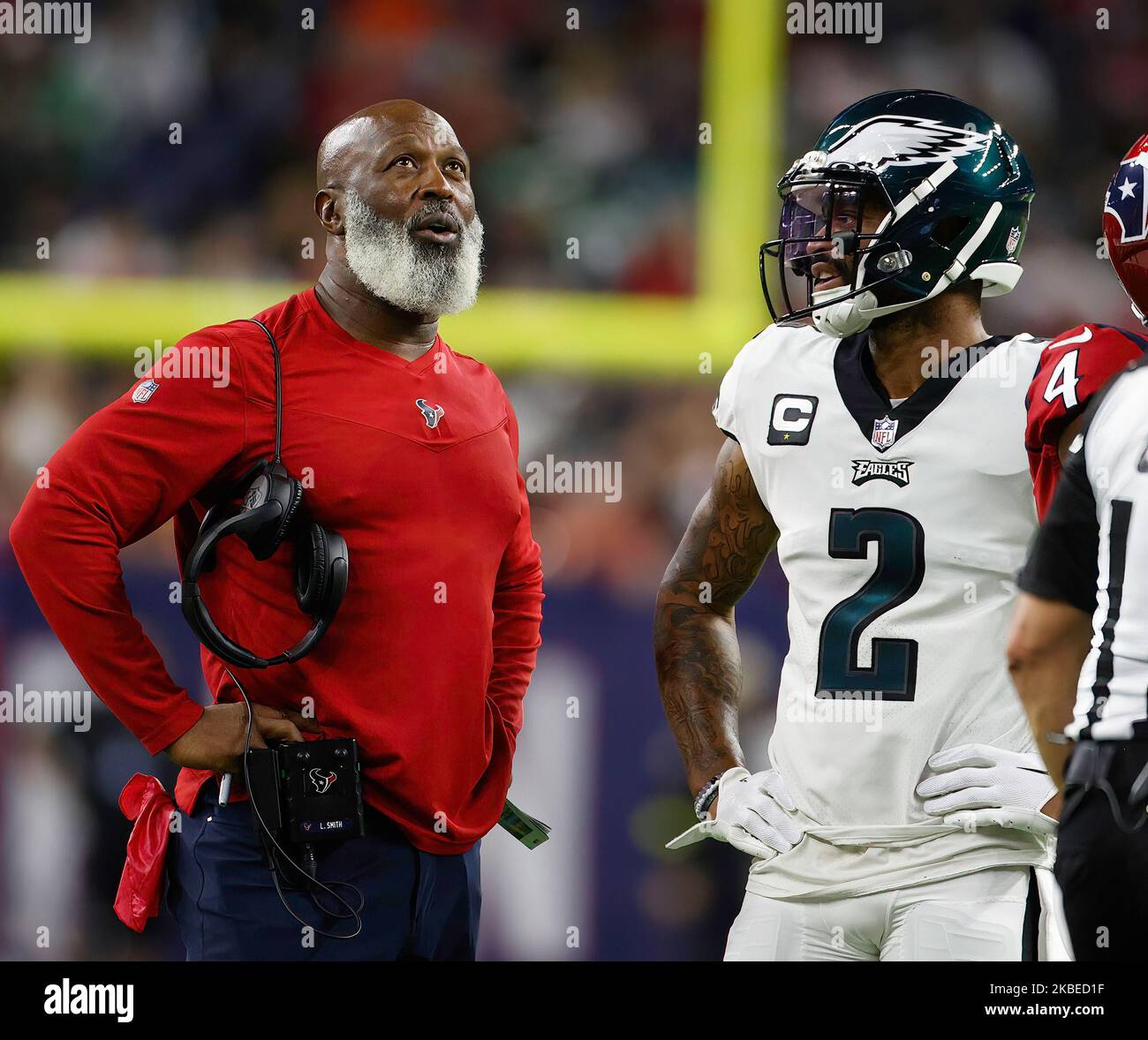 November 3, 2022: Houston Texans head coach Lovie Smith talks with  Philadelphia Eagles cornerback Darius Slay (2) as officials review a Texans  catch challenged by the Eagles during an NFL game on