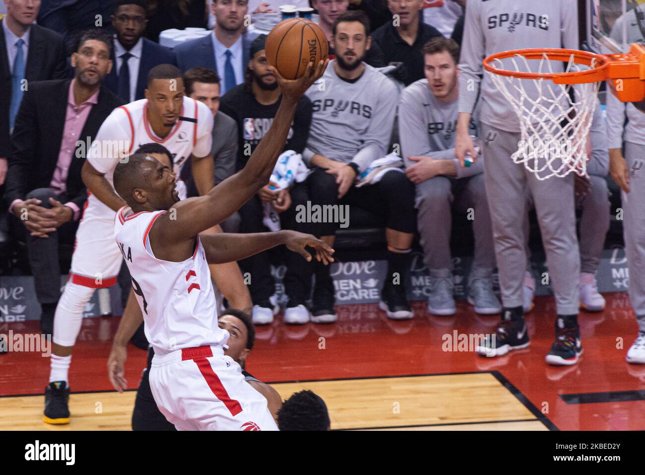 Serge Ibaka #9 of the Toronto Raptors shoots the ball during the Toronto Raptors vs San Antonio Spurs NBA regular season game at Scotiabank Arena on January 12, 2020 in Toronto, Canada (San Antonio Spurs won 105-104) (Photo by Anatoliy Cherkasov/NurPhoto) Stock Photo