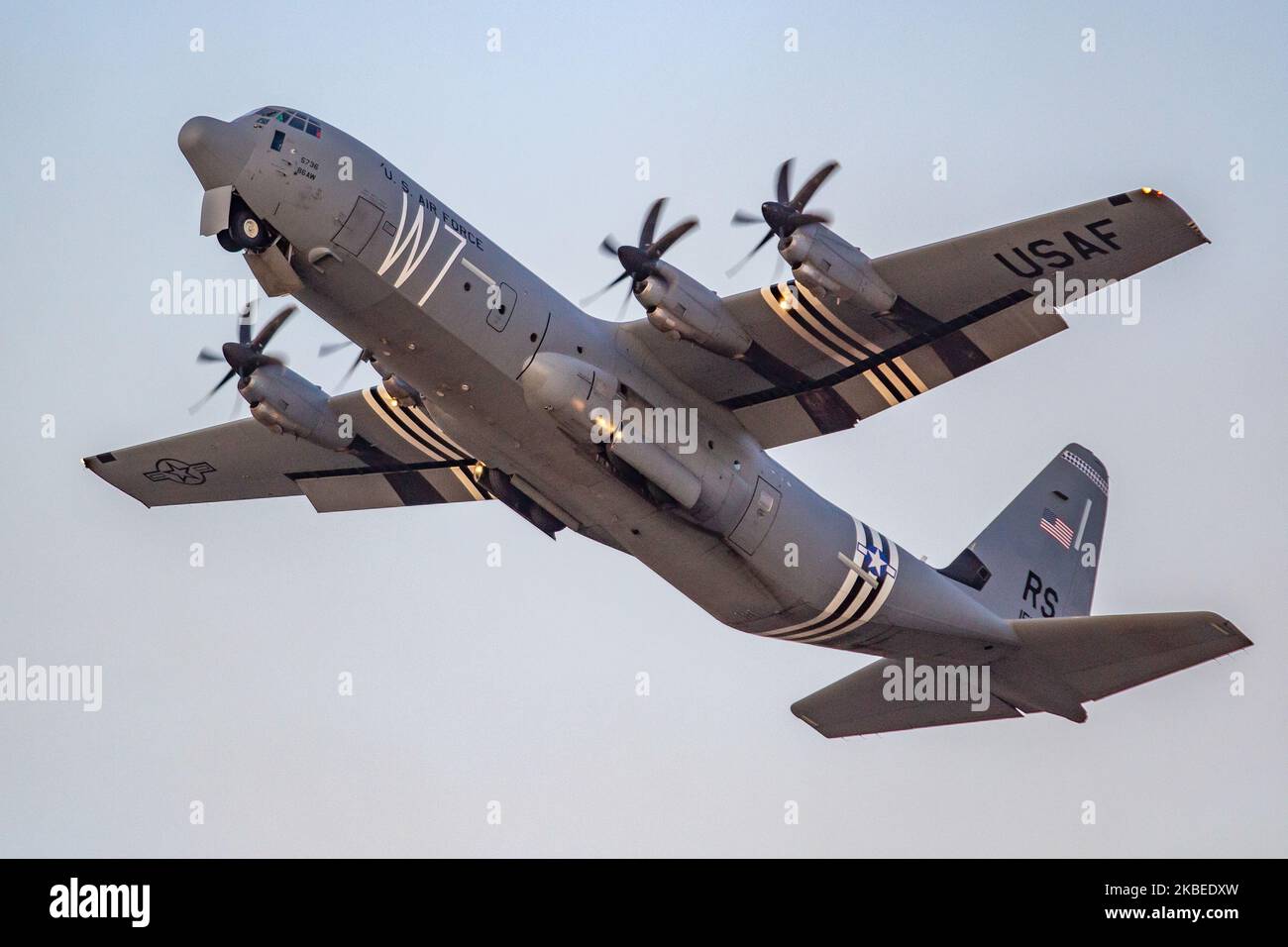 An Iconic C-130 military transport turboprop aircraft during the takeoff phase. The American plane, a Lockheed Martin C-130J-30 Super Hercules of the United Staes - US Air Force USAF is carrying special markings paint commemorating 75 years D-Day celebrations. The W7 code used in June 1944 for the 37 Troop Carrier Squadron, nowadays Airlift wings, that participated in DDay landings. The airplane participated in Athens Flying Week Air Show at Tanagra LGTG Air Base in Greece. Tanagra, Greece - September 22, 2019 (Photo by Nicolas Economou/NurPhoto) Stock Photo