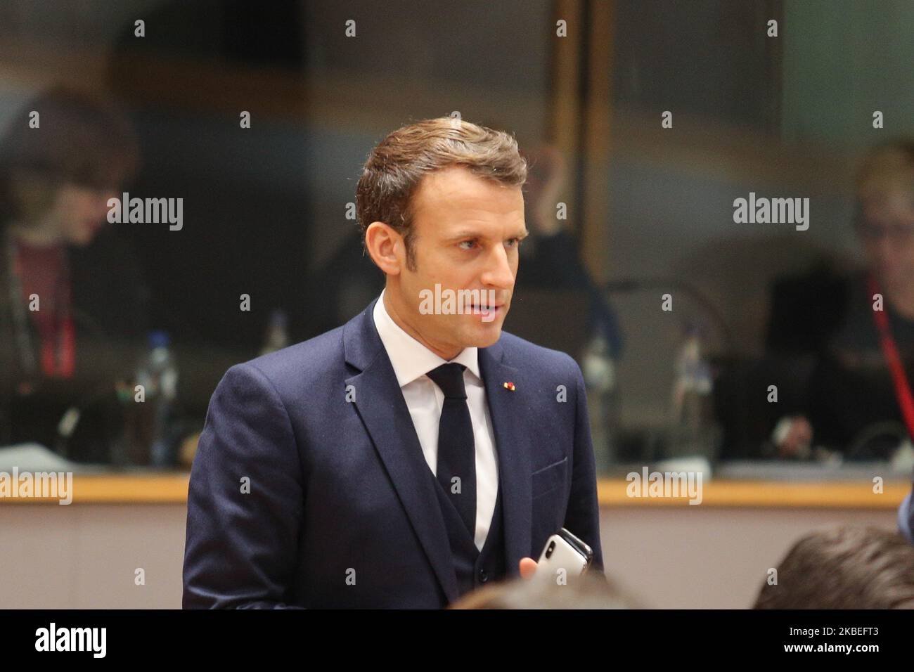 Emmanuel Macron. the French President at the European Council. Emmanuel Jean-Michel Frédéric Macron President of France as seen arriving and talking with EU leaders, Presidents and Prime Minister, at the roundtable during the second day of the European Council - Euro summit - EU leaders meeting at the EU headquarters in Brussels, Belgium - December 13, 2019 (Photo by Nicolas Economou/NurPhoto) Stock Photo