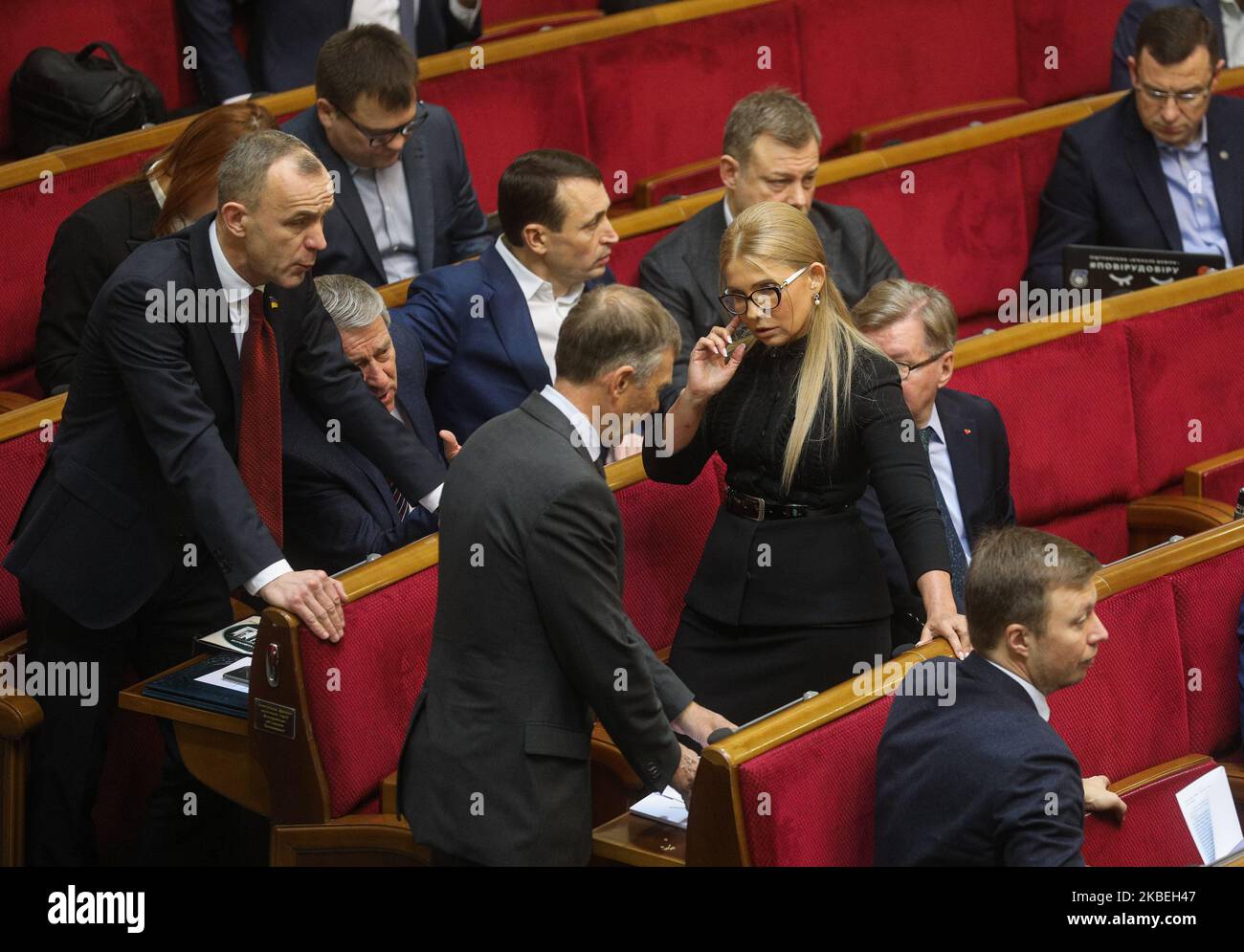 Batkivshchyna party leader Yulia Tymoshenko (C) ttends lawmakers work at the session of the Verkhovna Rada in Kyiv, Ukraine, January 14, 2020. The Verkhovna Rada of Ukraine looks forward to the Islamic Republic of Iran official apology for the downing of the Ukrainian aircraft and the death of its crew and passengers, and calls on the Islamic Republic of Iran to acknowledge its full responsibility for the incident (Photo by Sergii Kharchenko/NurPhoto) Stock Photo
