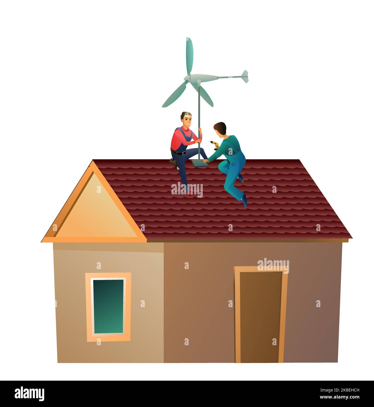 Two working windmills on roof. Electricity generator. Renewable