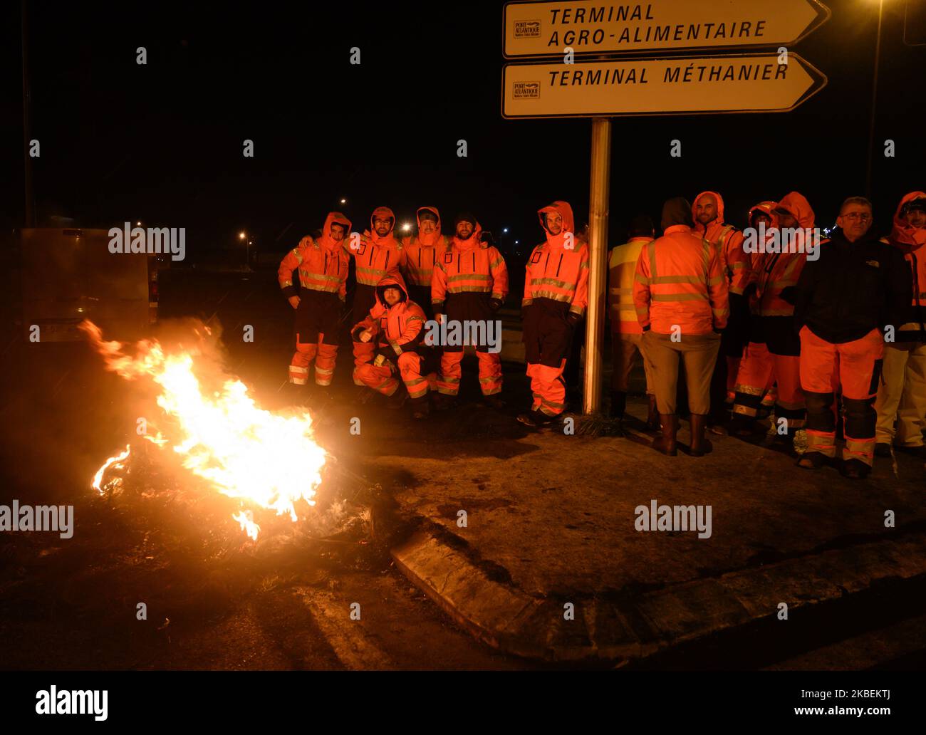 New protest against Macron's Retirement Reform In Loire-Atlantique, France on January 15, 2020. The strikers mobilized for 42 days against the pension reform blocked access to the Port of Saint-Nazaire. (Photo by Estelle Ruiz/NurPhoto) Stock Photo