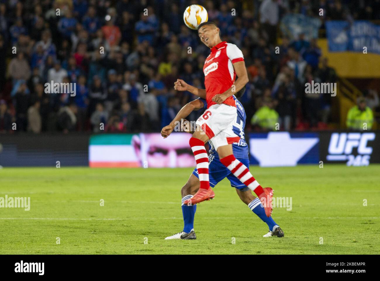 Alexander Porras of Independiente Santa Fe fights the header ball against David Macalister Silva of Millonarios during ESPN 2020 Tournament soccer match between Millonarios and Independiente Santa Fe on 15 January 2020 at 'El Campin' Stadium in Bogota, Colombia. (Photo by Daniel Garzon Herazo/NurPhoto) Stock Photo