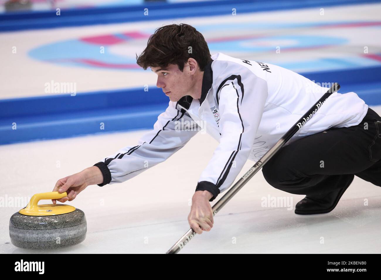 Walker Hunter from New Zealand competes in bronze medal game in Curling Mixed Team on 7 day of Winter Youth Olympic Games Lausanne 2020 in Champery Curling Arena, in Champery, Switzerland on January 16, 2020. (Photo by Dominika Zarzycka/NurPhoto) Stock Photo