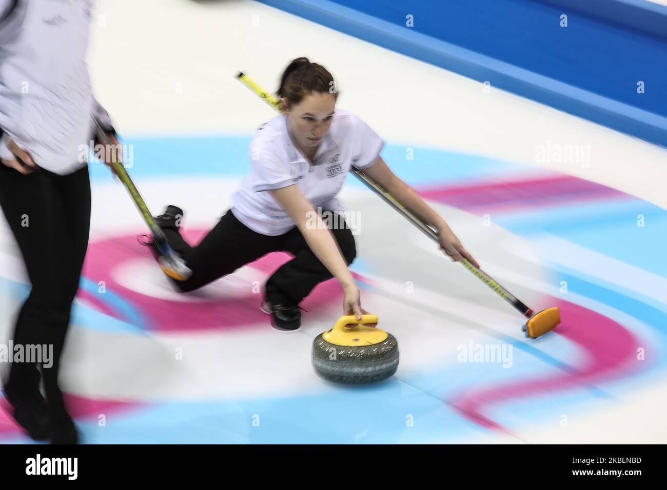 Neilson Lucy from New Zealand compete in in bronze medal game in Curling Mixed Team on 7 day of Winter Youth Olympic Games Lausanne 2020 in Champery Curling Arena, in Champery, Switzerland on January 16, 2020. (Photo by Dominika Zarzycka/NurPhoto) Stock Photo