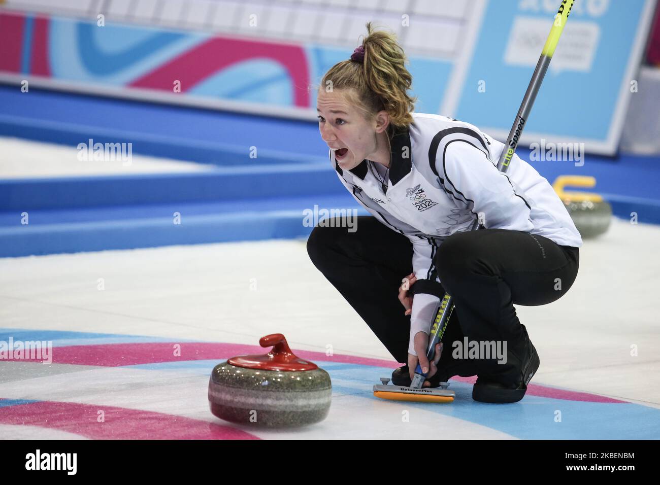 Harman Zoe from New Zealand competes in in bronze medal game in Curling Mixed Team on 7 day of Winter Youth Olympic Games Lausanne 2020 in Champery Curling Arena, in Champery, Switzerland on January 16, 2020. (Photo by Dominika Zarzycka/NurPhoto) Stock Photo