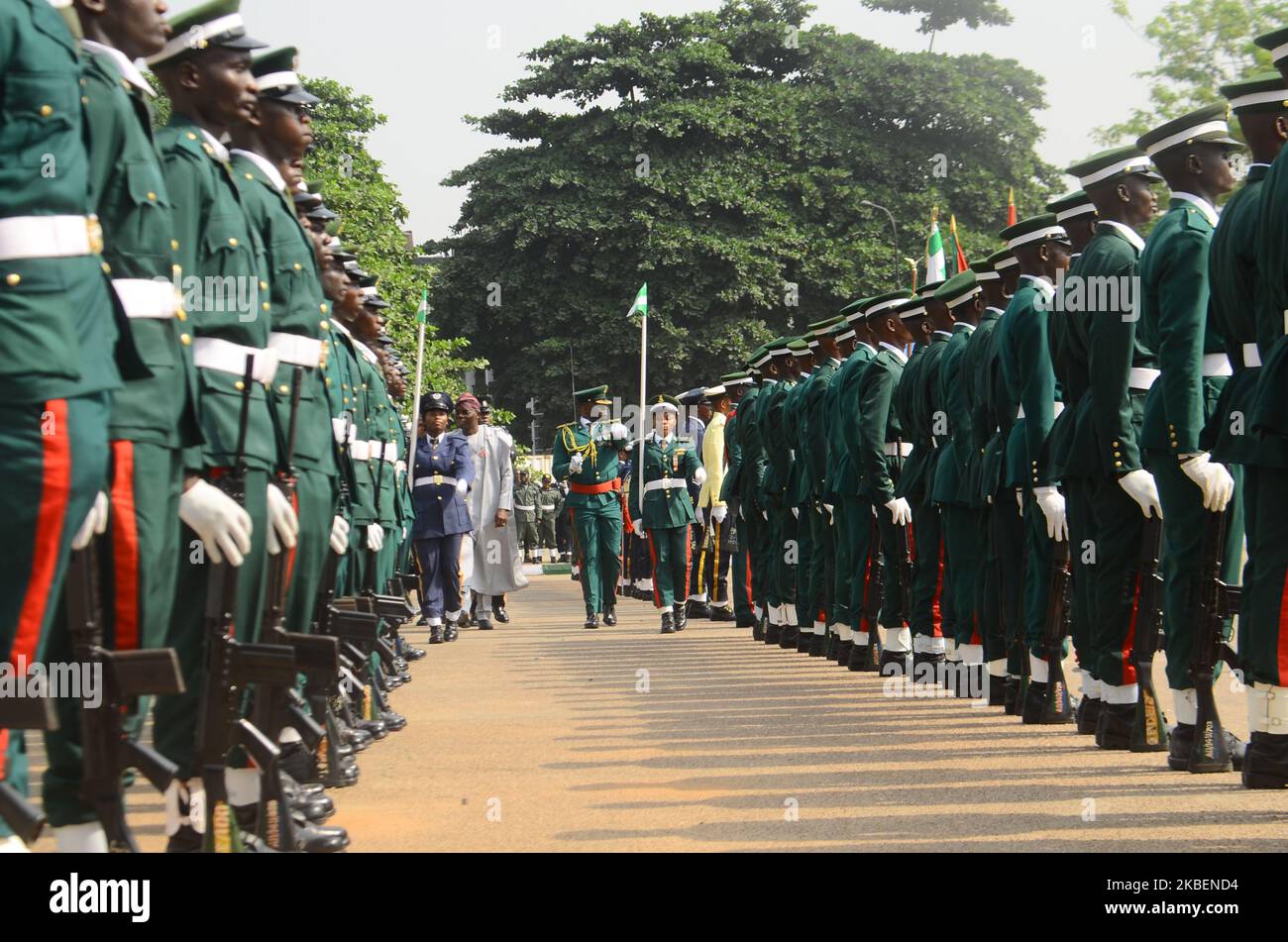 Lagos State Governor Babajide Sonwo-Olu (C) inspects a guard of honour at the military arcade during a ceremony marking the army Remembrance Day in Lagos, Nigeria January 15, 2020. (Photo by Olukayode Jaiyeola/NurPhoto) Stock Photo