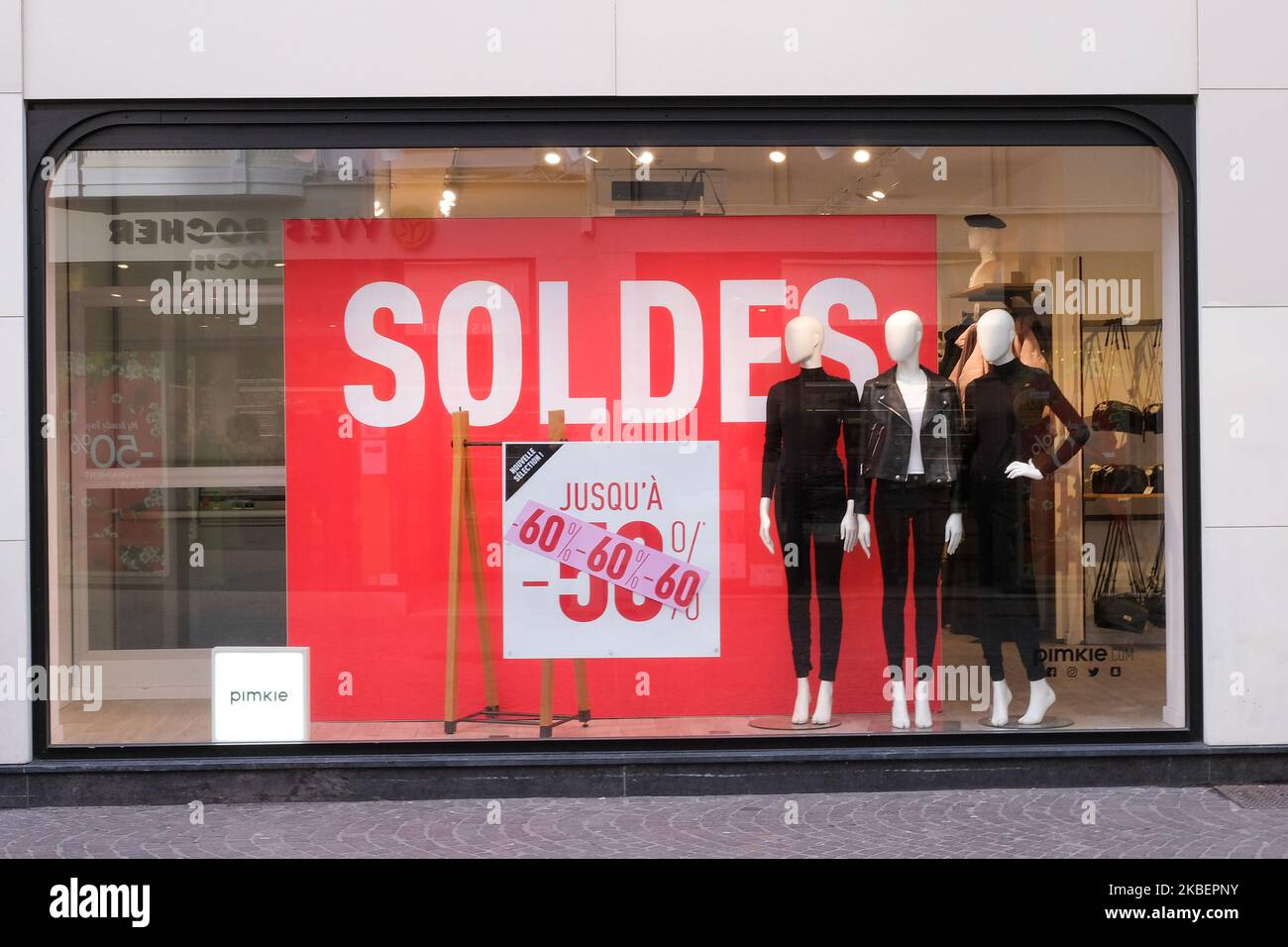 A clothing store announcing sales on January 7, 2020 in Lille, France.  Following a decree issued by the Ministry of Economy and Finance in May  2019, which hopes to reinvigorate the balances