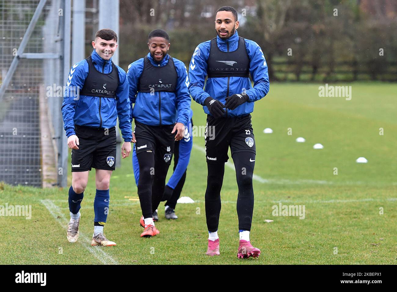 Jonny Smith, Scott Wilson and Christian N'Guessan of Oldham Athletic during Oldham Athletic Training at Chapel Road, Oldham on Friday 17th January 2020. (Photo by Eddie Garvey/MI News/NurPhoto) Stock Photo