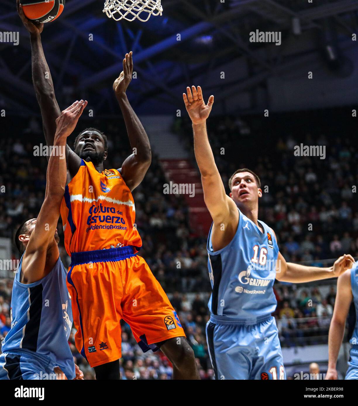 Maurice Ndour of Valencia Basket (L) and Vladislav Trushkin of Zenit St. Petersburg vie for the ball during the 2019/2020 Turkish Airlines EuroLeague Regular Season Round 20 match between Zenit St Petersburg and Valencia Basket at Sibur Arena on January 17, 2020 in Saint Petersburg, Russia. (Photo by Igor Russak/NurPhoto) Stock Photo