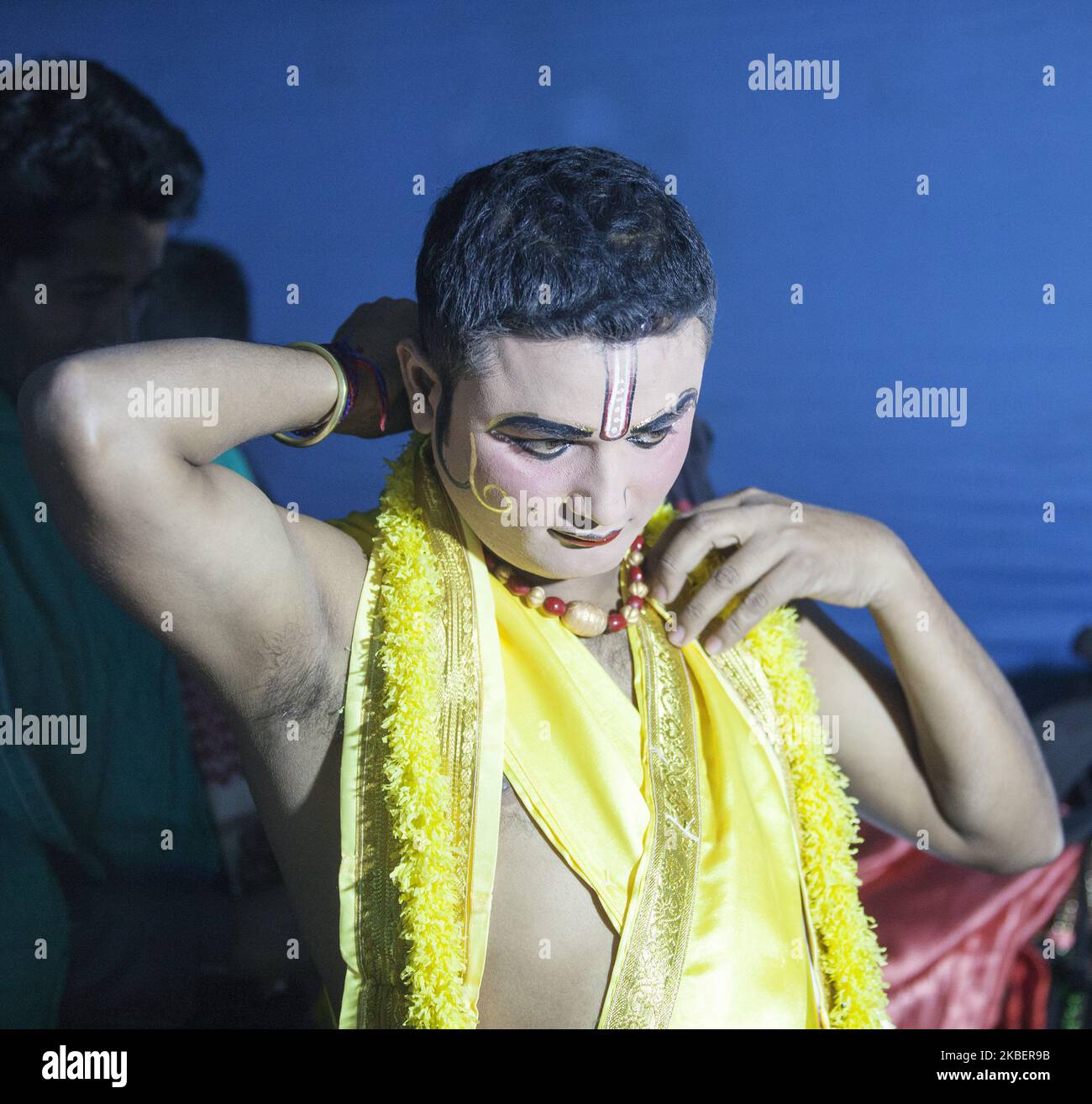 An actor is pictured with make up at the dressing room before the performance of Mahabharat on Majuli Island, Assam, India on 5 March, 2019. Only men and boys play in the performance, women are forbidden to perform. The theatrical performance is to ensure a successful and fruitful harvest. (Photo by Krystof Kriz/NurPhoto) Stock Photo