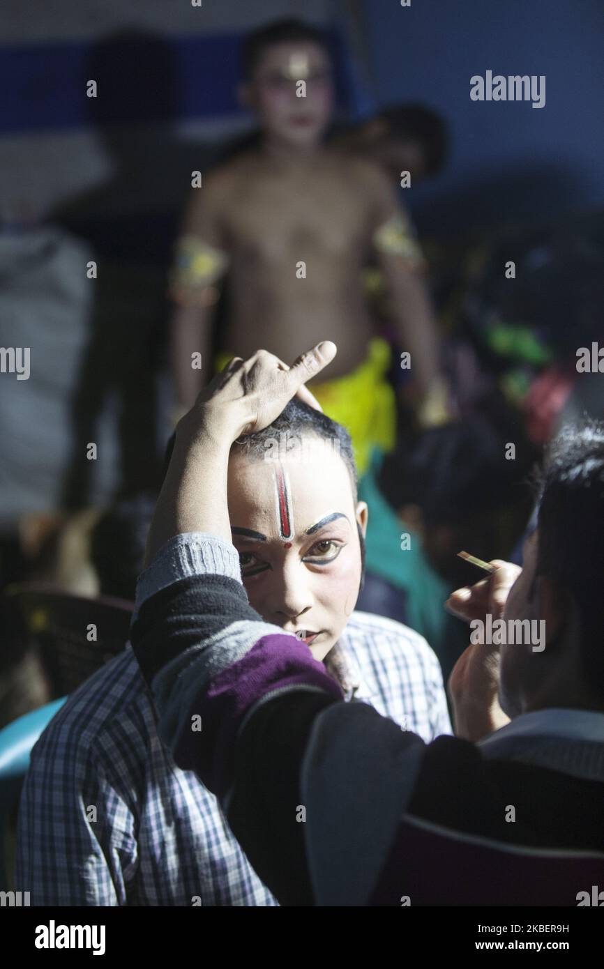 An actor is pictured with make up at the dressing room before the performance of Mahabharat on Majuli Island, Assam, India on 5 March, 2019. Only men and boys play in the performance, women are forbidden to perform. The theatrical performance is to ensure a successful and fruitful harvest. (Photo by Krystof Kriz/NurPhoto) Stock Photo