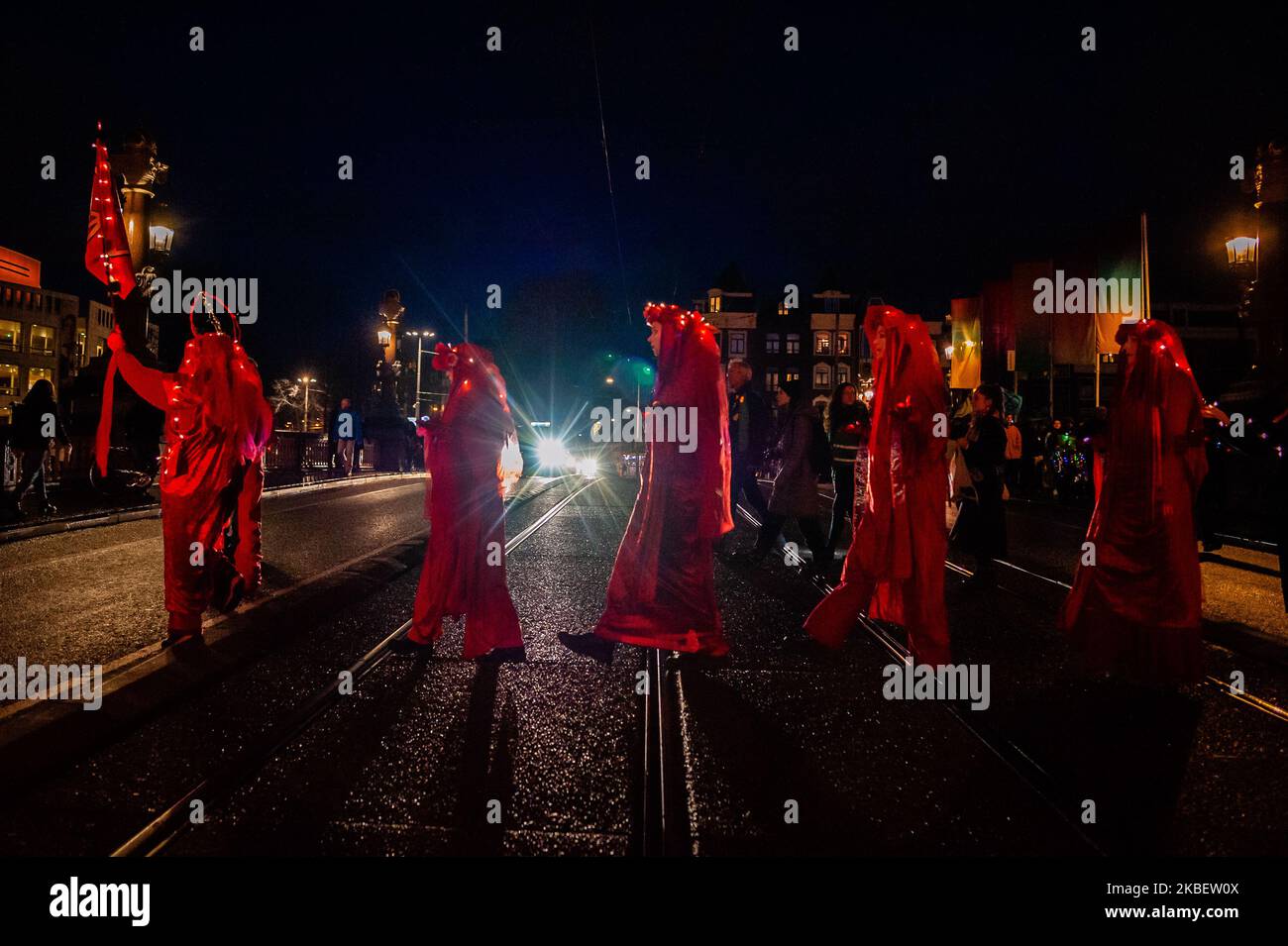 The Red Rebel Brigade is crossing in the middle of the street during the Extinction Rebellion artistic march, in Amsterdam, on January 18th, 2020 (Photo by Romy Arroyo Fernandez/NurPhoto) Stock Photo