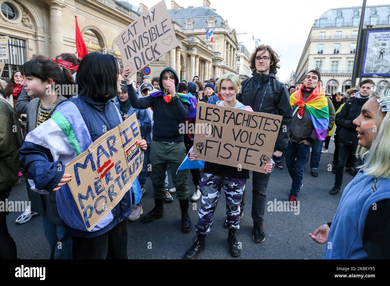 Counter-demonstrators holding placards gather during a demonstration called by the movement 'La Manif pour tous' against the 'Medically-assisted procreation (MAP) without a father' in Paris on January 19, 2020, two days before the debate on the Bioethics Bill at the French Senate. (Photo by Michel Stoupak/NurPhoto) Stock Photo