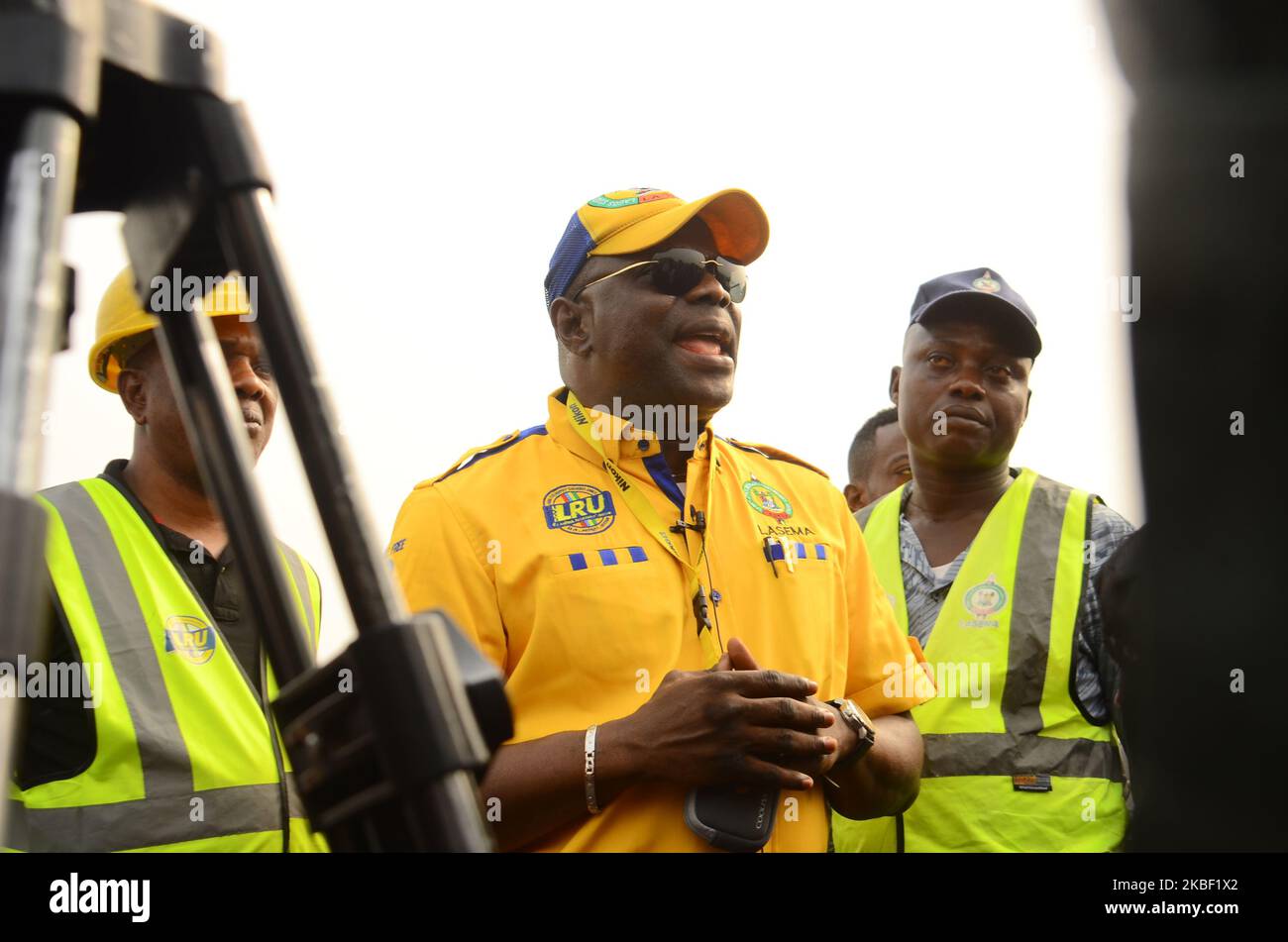 Director General of Lagos state Emergency Management Agency, Olufemi Oke-Osayintolu addressing journalist at the scene, after a pipeline explosion that rocked the Ekoro area of Abule-Egba, Lagos State, on Sunday, January 19, 2020. Five people were killed, 39 vehicles razed, and several shops and 150 people displaced in Lagos pipeline explosion after thieves breached a fuel pipeline in Lagos, Nigeria's commercial hub, causing an explosion. (Photo by Olukayode Jaiyeola/NurPhoto) Stock Photo