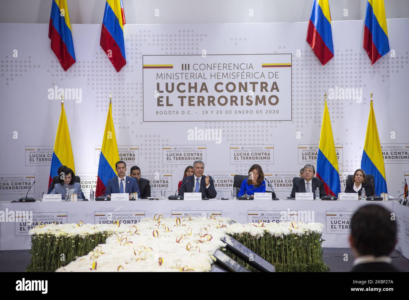 Leaders, from left, Venezuela's opposition leader Juan Guaido, Colombia's President Ivan Duque, his Vice President Marta Lucia Ramirez and Colombia's Defense Minister Carlos Trujillo attend a regional counter-terrorism meeting at the police academy in Bogota, Colombia on January 20, 2020. (Photo by Daniel Garzon Herazo/NurPhoto) Stock Photo