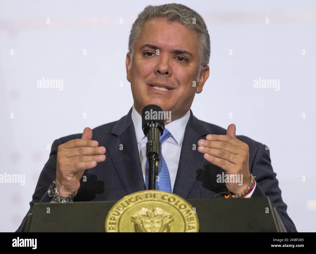 Colombian President Ivan Duque speaks during the opening of a regional counter-terrorism meeting at the police academy in Bogota, Colombia on January 20, 2020. (Photo by Daniel Garzon Herazo/NurPhoto) Stock Photo