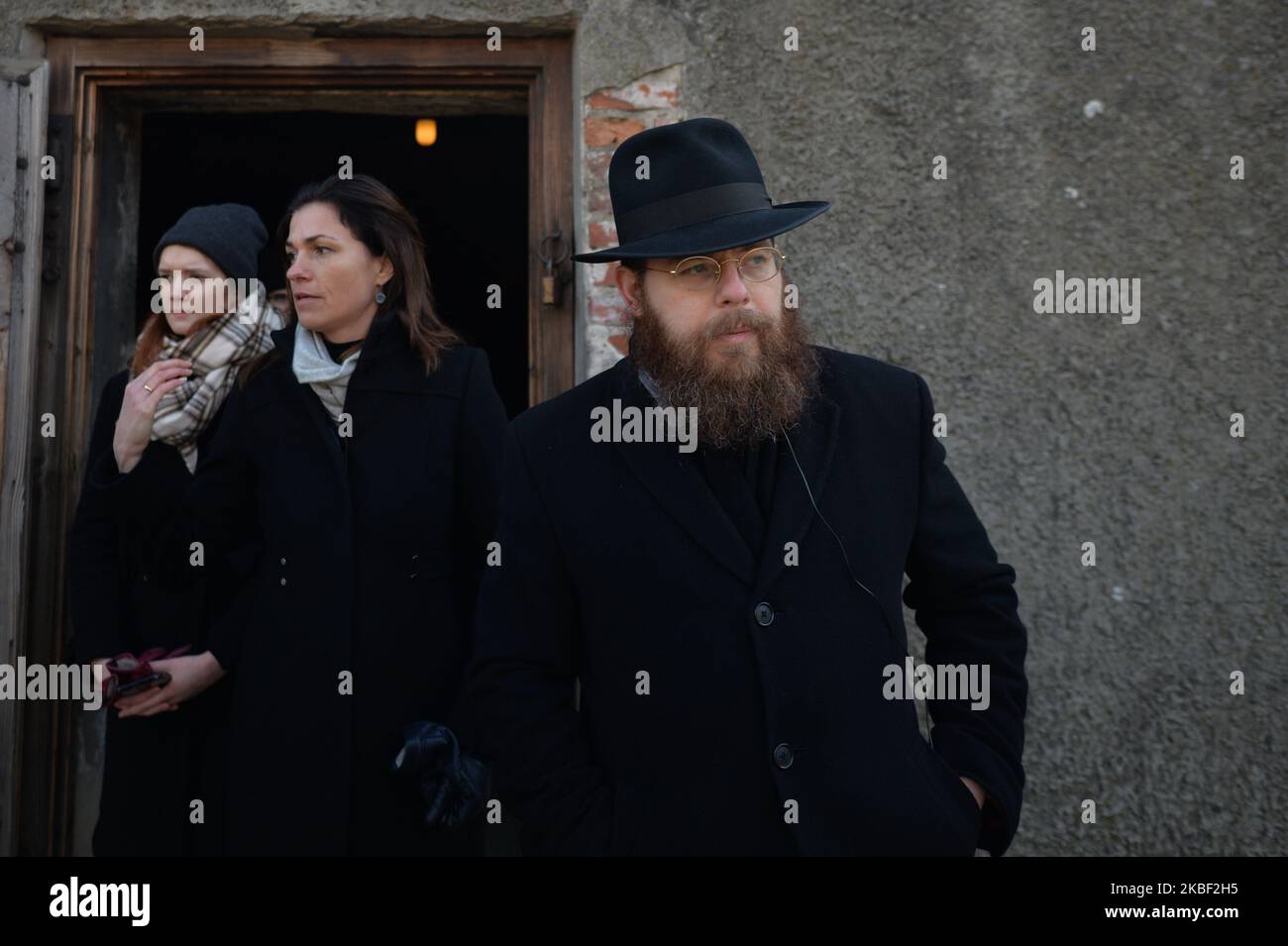 Rabbi Shlomo Koves and Judit Varga, Hungarian Minister of Justice, on their way out from the Gaz Chamber inside Auschwitz I former Nazi concentration camp gate, during a second day of 'Delegation to Auschwitz' event. On Tuesday, January 21, 2020, in Auschwitz I concentration camp, Oswiecim, Poland. (Photo by Artur Widak/NurPhoto) Stock Photo