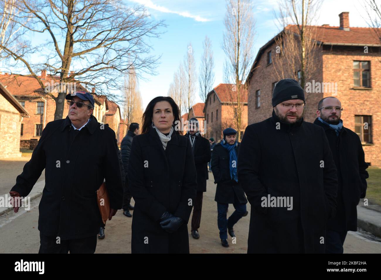 Judit Varga, Hungarian Minister of Justice, walks inside Auschwitz I former Nazi concentration camp gate, during a second day of 'Delegation to Auschwitz' event. On tuesday, January 21, 2020, in Auschwitz I concentration camp, Oswiecim, Poland. (Photo by Artur Widak/NurPhoto) Stock Photo