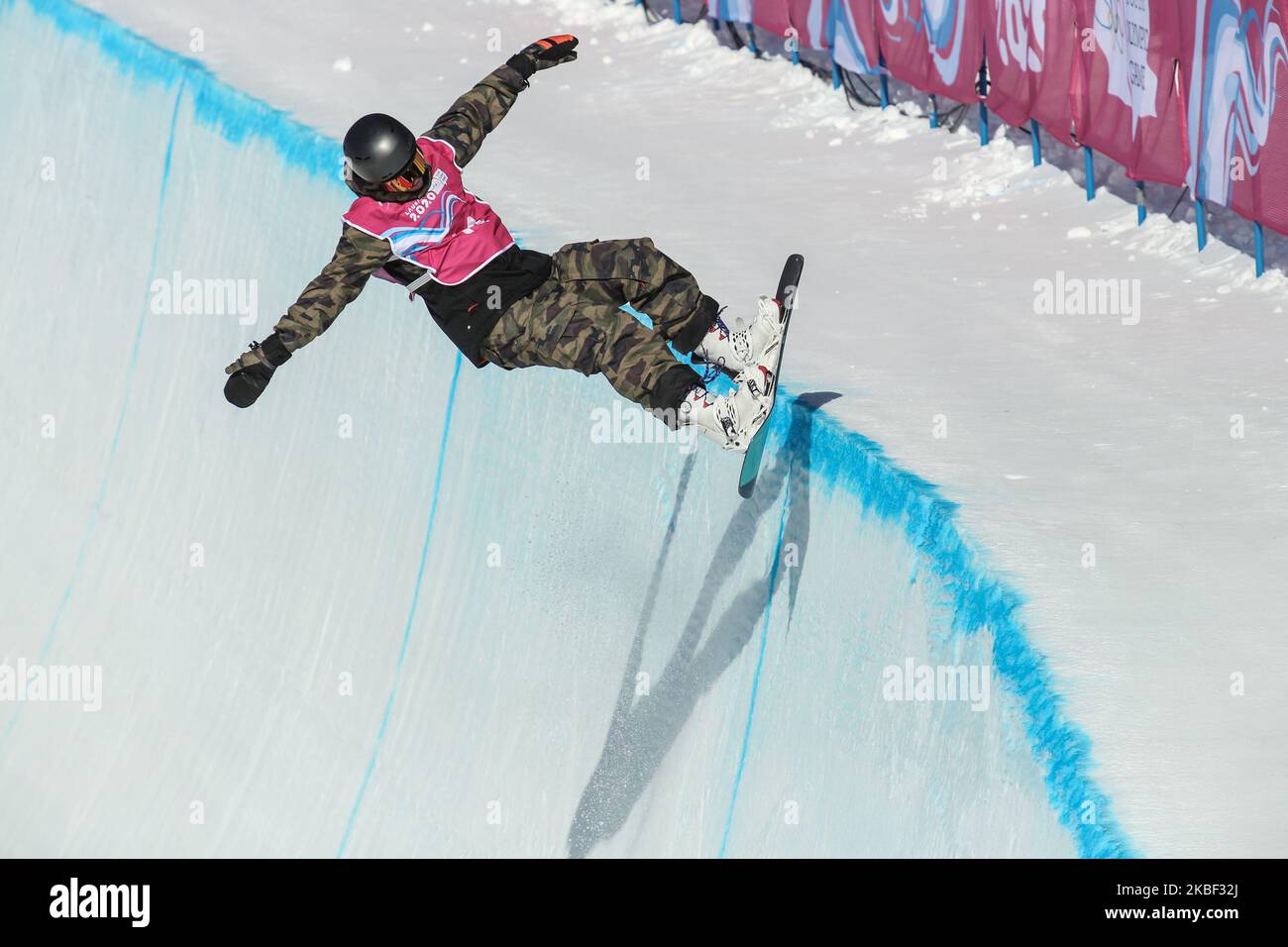 STROBEL Seth from Canada competes in Men's Halfpipe Qualification on 12. day of Winter Youth Olympic Games Lausanne 2020 in Leysin Park & Pipe, Switzerland on January 21, 2020. (Photo by Dominika Zarzycka/NurPhoto) Stock Photo