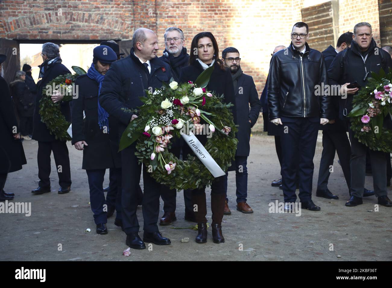 Judit Varga, Hungarian Minister of Justice, attends European Jewish Association (EJA) delegation visit in Auschwitz concentration camp on January 21, 2020 in Oswiecim, Poland. Parliamentarians and education ministers from across Europe have gathered during 'EJA Delegation to Auschwitz 2020' event to mark the upcoming 75th anniversary of the liberation of the former Nazi German concentration camp. (Photo by Beata Zawrzel/NurPhoto) Stock Photo