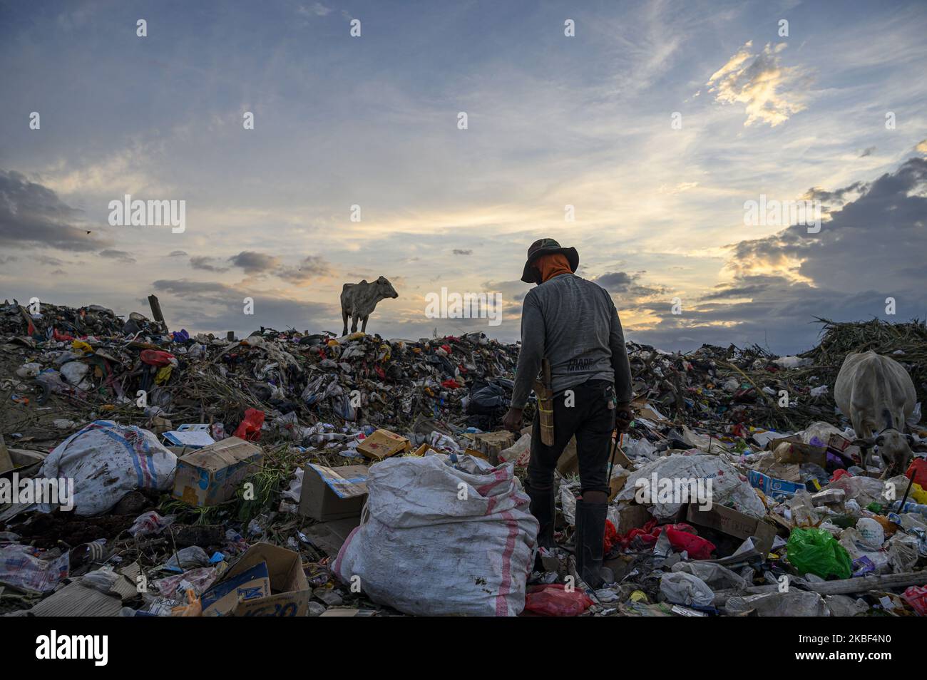 A scavenger picks up plastic waste to be recycled at the Kawatuna landfill, Palu, Central Sulawesi, Indonesia on January 22, 2020. The economic potential for recycling plastic waste is huge because based on the results of an environmental audit by Greenpeace in 2019, only 9 percent of the waste plastic is recycled, 12 percent is burned and 79 percent ends up in landfills and waterways like rivers that run into the ocean. Indonesia is the second largest waste producer in the world after China. (Photo by Basri Marzuki/NurPhoto) Stock Photo