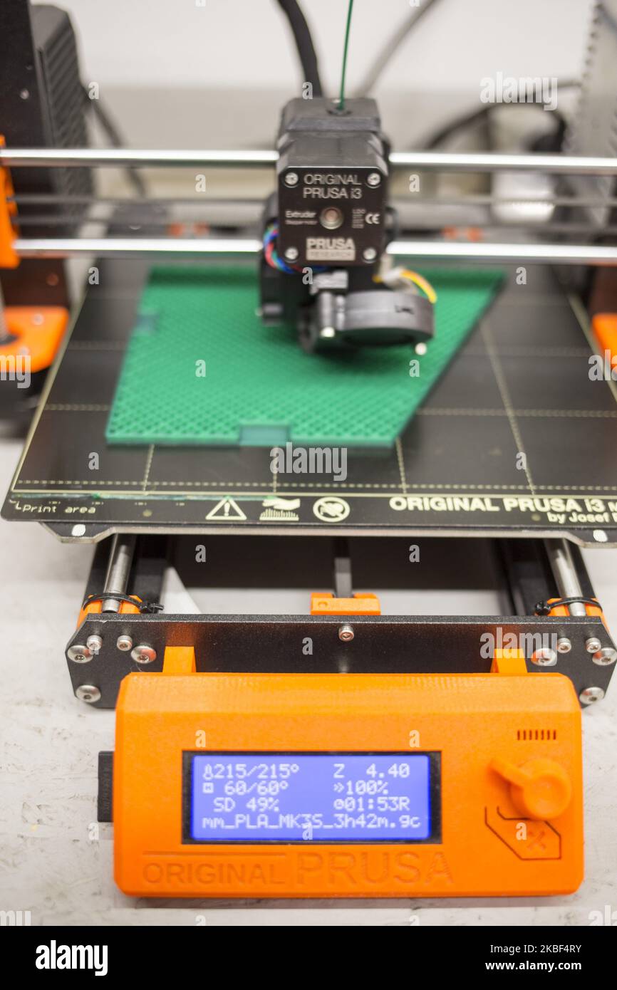 Original Prusa I3 MK3S 3D printer pictured printing various 3D tasks in Prusa Lab in Prague, Czech Republic on 22 January 2020. Prusa Research is 3d printers manufacturer in Prague, Czech Republic. Prusa Research was founded in 2012 by Josef Prusa. Prusa Research is now one of the leading companies in 3D printing globally. There are more then 300 people working for the company. Prusa Research sell 3d printers worldwide. (Photo by Krystof Kriz/NurPhoto) Stock Photo