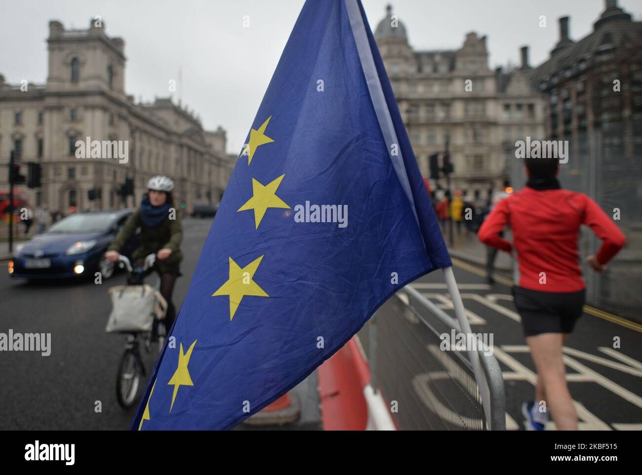 An EU flag seen at the entrance to the Palace of Westminster in London, on January 22. A group of anti-Brexit supporters gethered outside the entrance to the Houses of Parliament in Westminster urging the British Government to release the report from the intelligence and security committee examining Russian infiltration in British politics. On Wednesday, 22 January 2019, in London, United Kingdom. (Photo by Artur Widak/NurPhoto) Stock Photo