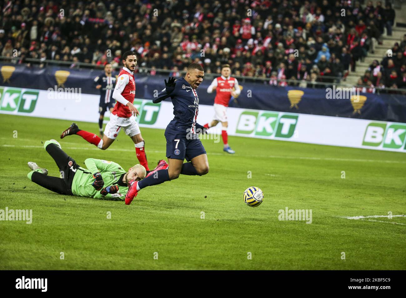 Kylian Mbape and Rajkovic Predrag during the French League Cup semi-final football match between Stade de Reims and Paris Saint-Germain at the Auguste Delaune Stadium in Reims on January 22, 2020. (Photo by Elyxandro Cegarra/NurPhoto) Stock Photo