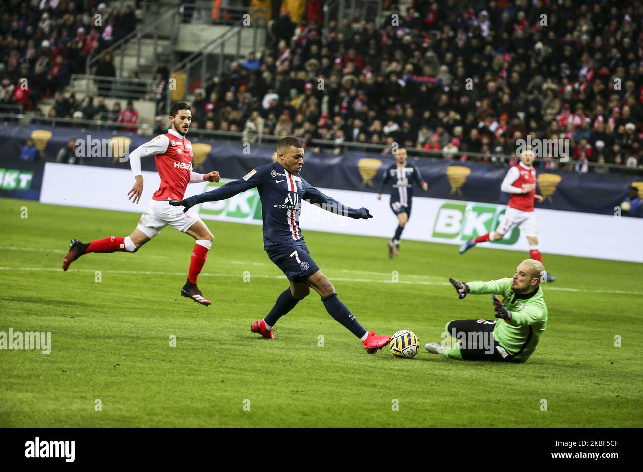 Kylian Mbape and Rajkovic Predrag during the French League Cup semi-final football match between Stade de Reims and Paris Saint-Germain at the Auguste Delaune Stadium in Reims on January 22, 2020. (Photo by Elyxandro Cegarra/NurPhoto) Stock Photo