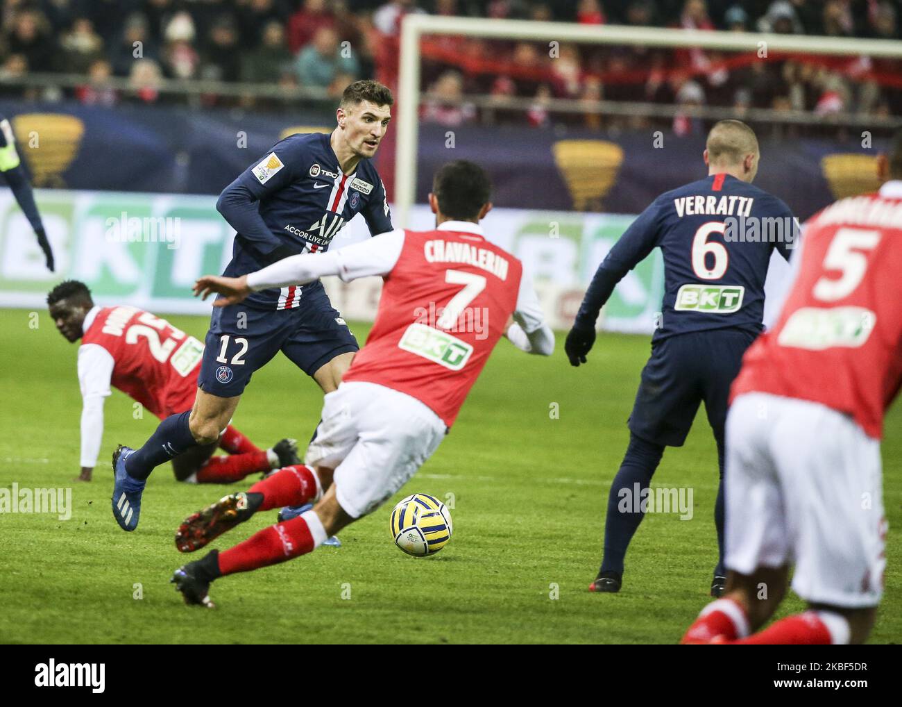 Thomas Meunier during the French League Cup semi-final football match between Stade de Reims and Paris Saint-Germain at the Auguste Delaune Stadium in Reims on January 22, 2020. (Photo by Elyxandro Cegarra/NurPhoto) Stock Photo