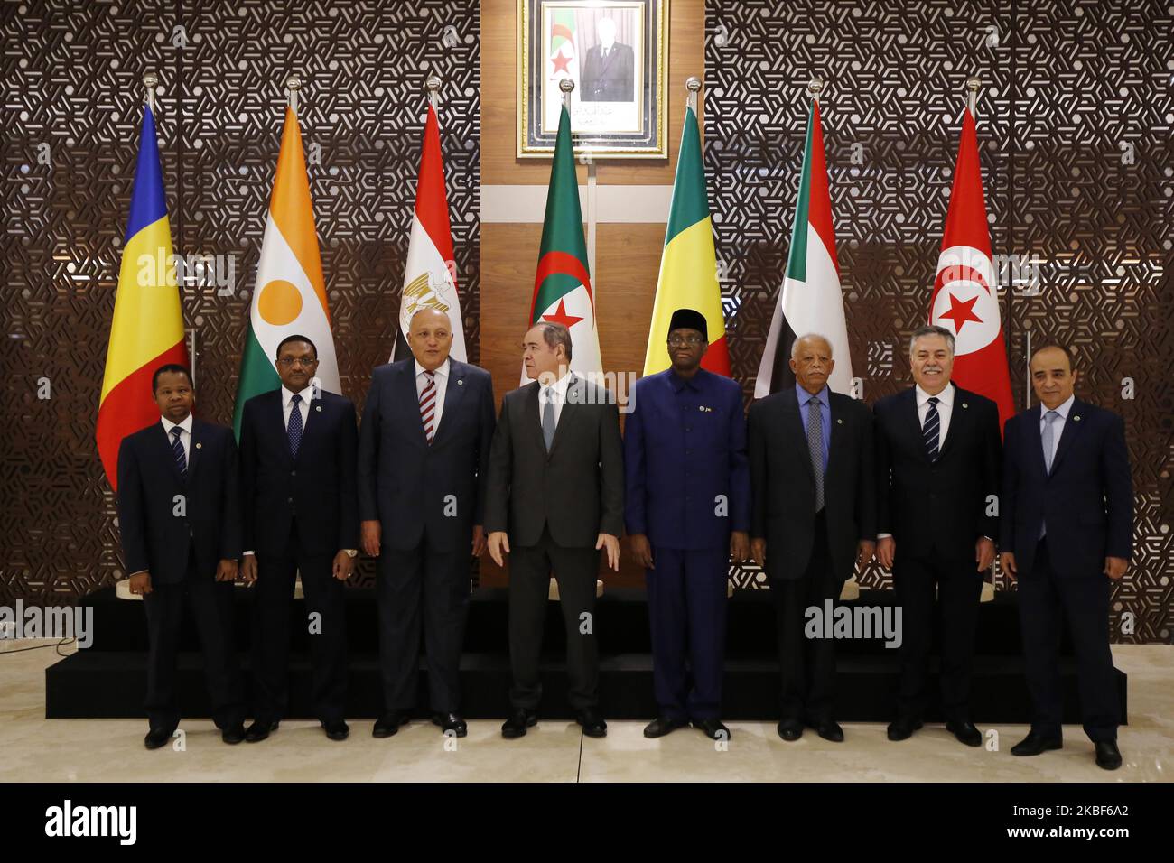 Minister of Foreign Affairs of Niger, Kalla Ankourao, Chadian Minister of Foreign Affairs Mahamat Zene Cherif, Egyptian Foreign Minister Sameh Shoukry, Algerian Foreign Minister Sabri Boukadoum, Minister of Foreign Affairs of Mali Tiebile Drama, Sabri Bache Tabdji State Secretary responsible for the management of the Tunisian Ministry of Foreign Affairs pose during a meeting of Libya's neighbouring countries in Algiers, Algeria, 23 January 2020. Officials from Algeria, Chad, Egypt, Mali, Niger, Sudan and Tunisia, as well as Germany, met as part of international efforts to reach a political set Stock Photo