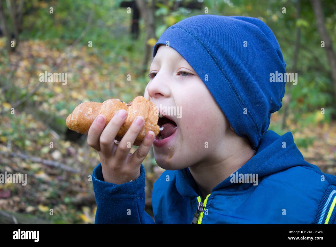 opening a mouth babe bites croissant in the park Stock Photo