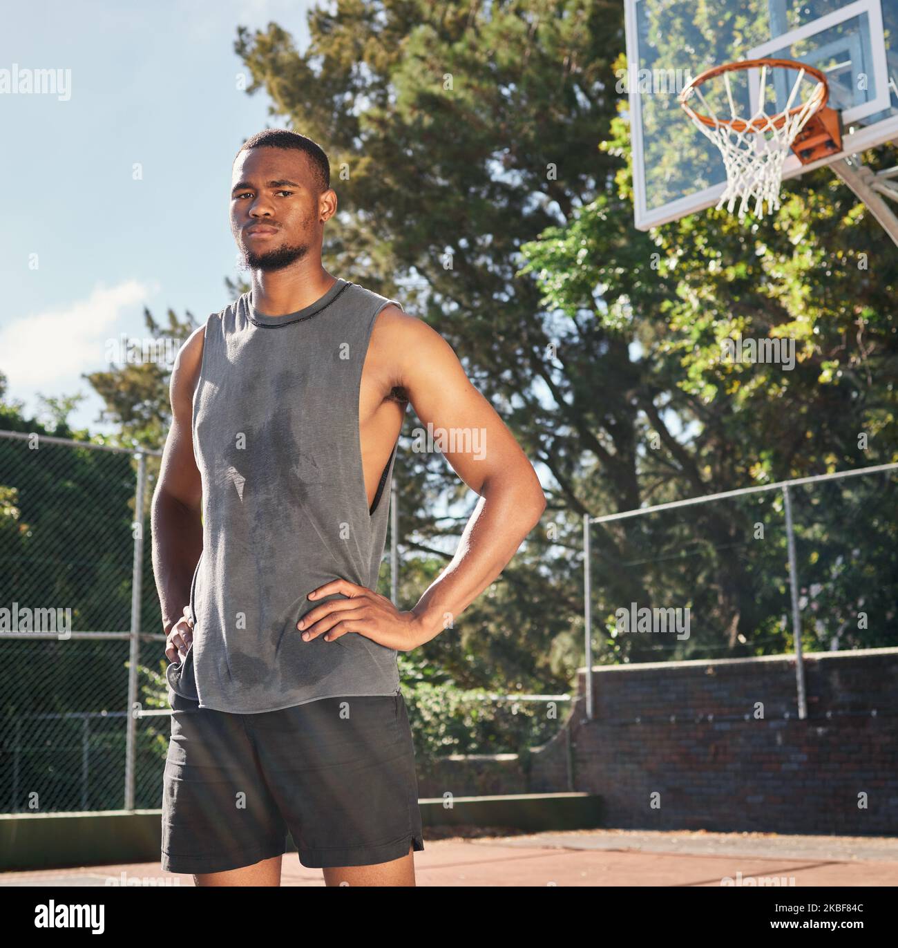Basketball, black man and fitness on basketball court in the park