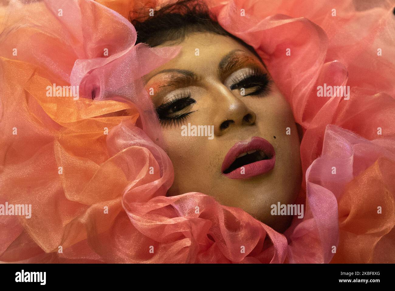 A drag queen poses for photograph during the ”&Proud' LGBT festival in Yangon, Myanmar on 24 January, 2020. (Photo by Shwe Paw Mya Tin/NurPhoto) Stock Photo