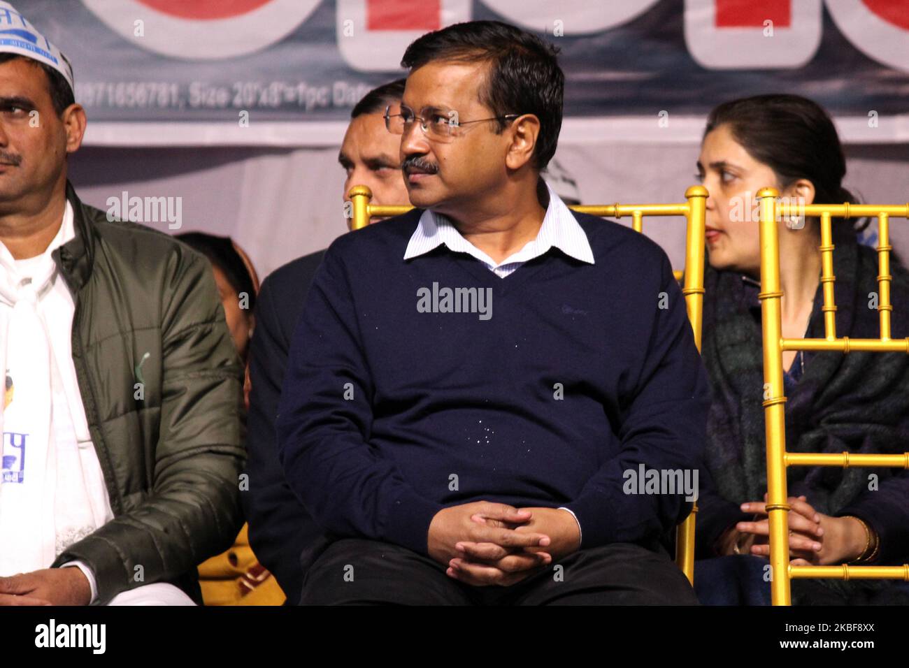 Aam Aadmi Party National convener and Delhi Chief Minister Arvind Kejriwal is seen addressing a public gathering during campaigning ahead of Delhi Assembly elections at Nangloi Jat on January 24, 2020 in New Delhi, India. (Photo by Mayank Makhija/NurPhoto) Stock Photo