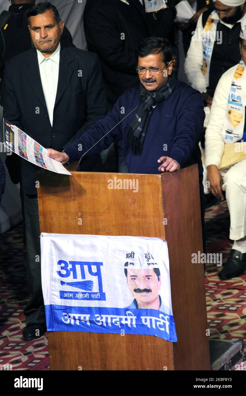 Aam Aadmi Party National convener and Delhi Chief Minister Arvind Kejriwal is seen addressing a public gathering during campaigning ahead of Delhi Assembly elections at Nangloi Jat on January 24, 2020 in New Delhi, India. (Photo by Mayank Makhija/NurPhoto) Stock Photo