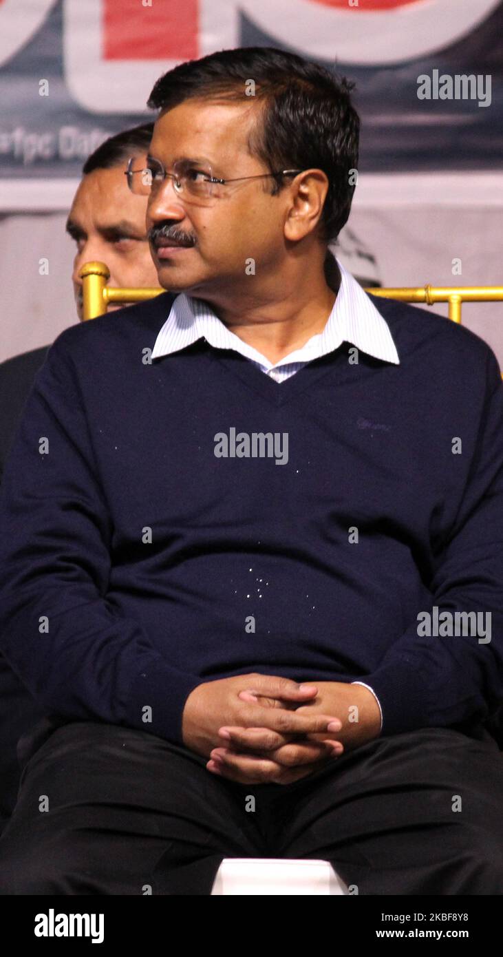 Aam Aadmi Party National convener and Delhi Chief Minister Arvind Kejriwal is seen addressing a public gathering during campaigning ahead of Delhi Assembly elections at Nangloi Jat on January 24, 2020 in New Delhi, India. (Photo by Mayank Makhija/NurPhoto) Stock Photo